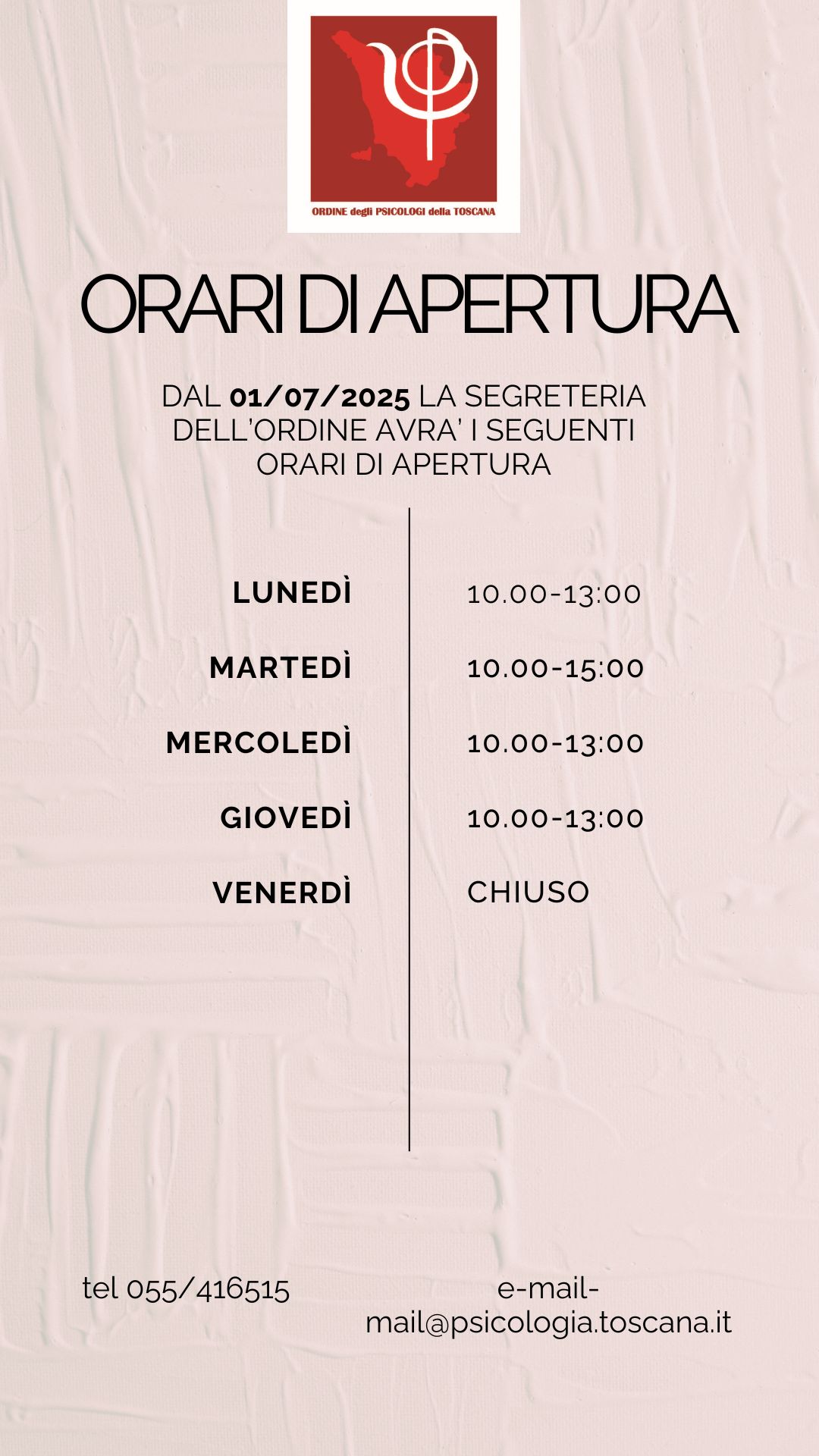 NUOVO ORARIO SEGRETERIA OPT