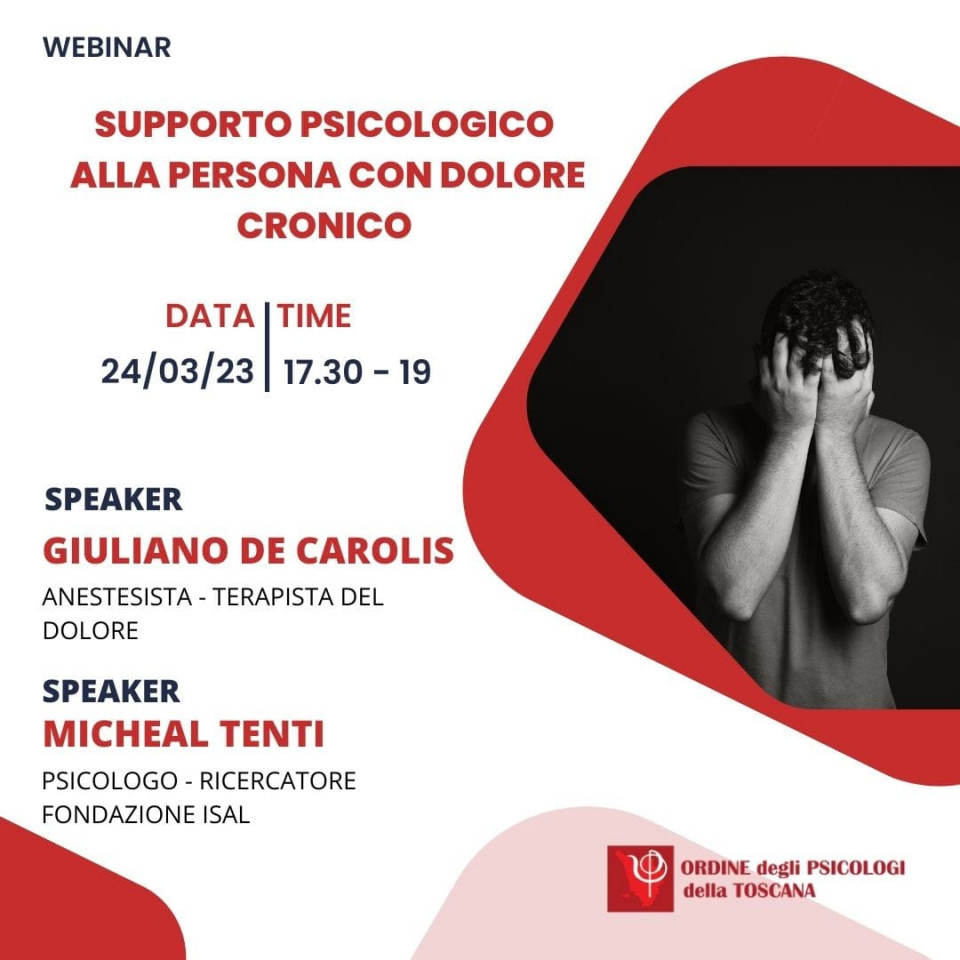 immagine articolo IL SUPPORTO PSICOLOGICO ALLA PERSONA CON DOLORE CRONICO parte del ciclo di seminari SO-STARE NEI VISSUTI DI MALATTIA (IL RUOLO DELLO PSICOLOGO)
